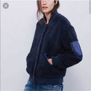 FREE PEOPLE Aviator Teddy Sherpa bomber Jacket Navy M